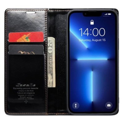 Apple iPhone 13 Pro „CaseMe“ Leather solidus atverčiamas juodas odinis dėklas - knygutė | Priedai.lt