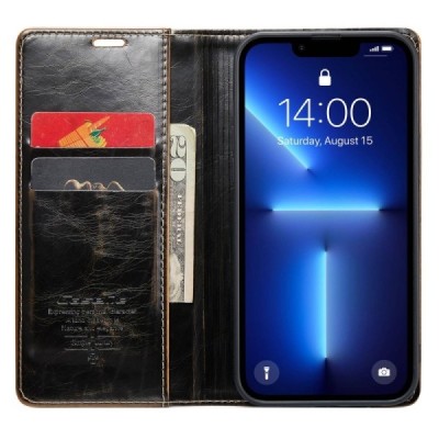 Apple iPhone 13 Pro „CaseMe“ Leather solidus atverčiamas rudas odinis dėklas - knygutė | Priedai.lt