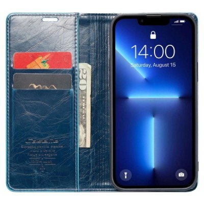 Apple iPhone 13 Pro Max „CaseMe“ Leather solidus atverčiamas mėlynas odinis dėklas - knygutė | Priedai.lt