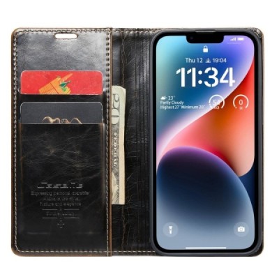 Apple iPhone 14 „CaseMe“ Leather solidus atverčiamas rudas odinis dėklas - knygutė | Priedai.lt