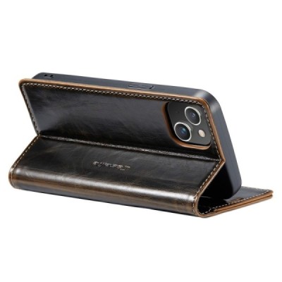Apple iPhone 14 „CaseMe“ Leather solidus atverčiamas rudas odinis dėklas - knygutė | Priedai.lt