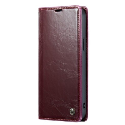 Apple iPhone 14 „CaseMe“ Leather solidus atverčiamas bordo odinis dėklas - knygutė | Priedai.lt