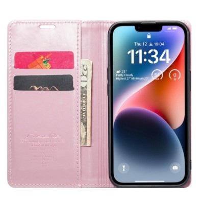 Apple iPhone 14 „CaseMe“ Leather solidus atverčiamas rožinis odinis dėklas - knygutė | Priedai.lt