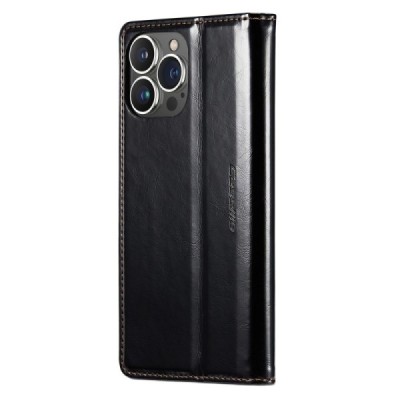 Apple iPhone 14 Pro „CaseMe“ Leather solidus atverčiamas juodas odinis dėklas - knygutė | Priedai.lt