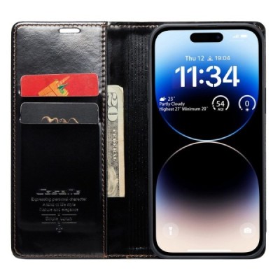 Apple iPhone 14 Pro „CaseMe“ Leather solidus atverčiamas juodas odinis dėklas - knygutė | Priedai.lt