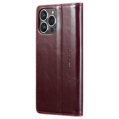 Apple iPhone 14 Pro „CaseMe“ Leather solidus atverčiamas bordo odinis dėklas - knygutė | Priedai.lt