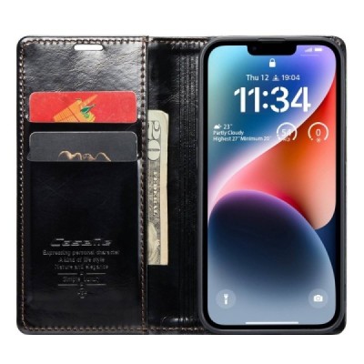 Apple iPhone 14 Plus „CaseMe“ Leather solidus atverčiamas juodas odinis dėklas - knygutė | Priedai.lt