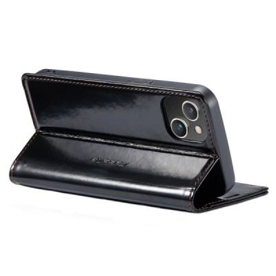 Apple iPhone 14 Plus „CaseMe“ Leather solidus atverčiamas juodas odinis dėklas - knygutė | Priedai.lt
