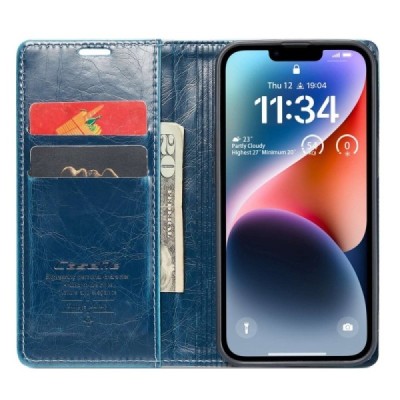 Apple iPhone 14 Plus „CaseMe“ Leather solidus atverčiamas mėlynas odinis dėklas - knygutė | Priedai.lt