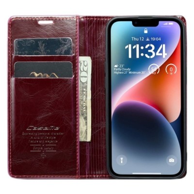 Apple iPhone 14 Plus „CaseMe“ Leather solidus atverčiamas bordo odinis dėklas - knygutė | Priedai.lt