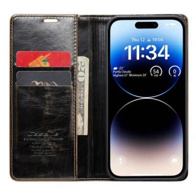 Apple iPhone 14 Pro Max „CaseMe“ Leather solidus atverčiamas rudas odinis dėklas - knygutė | Priedai.lt