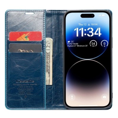 Apple iPhone 14 Pro Max „CaseMe“ Leather solidus atverčiamas mėlynas odinis dėklas - knygutė | Priedai.lt