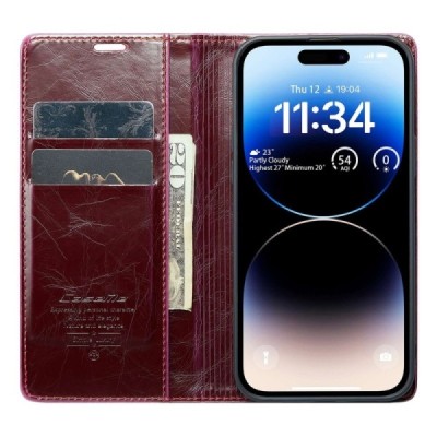 Apple iPhone 14 Pro Max „CaseMe“ Leather solidus atverčiamas bordo odinis dėklas - knygutė | Priedai.lt