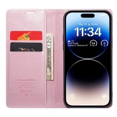 Apple iPhone 14 Pro Max „CaseMe“ Leather solidus atverčiamas rožinis odinis dėklas - knygutė | Priedai.lt