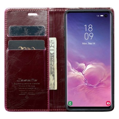 Samsung Galaxy S10 (G973) „CaseMe“ Leather solidus atverčiamas bordo odinis dėklas - knygutė | Priedai.lt