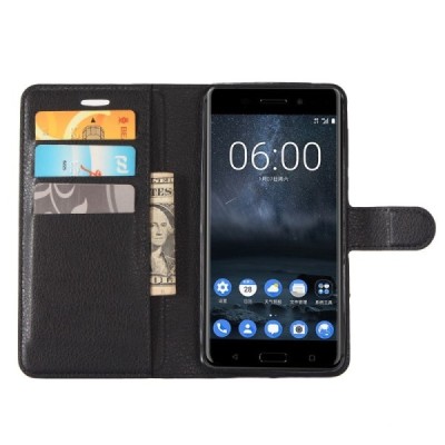 Nokia 6 atverčiamas juodas odinis Litchi dėklas - piniginė | Priedai.lt
