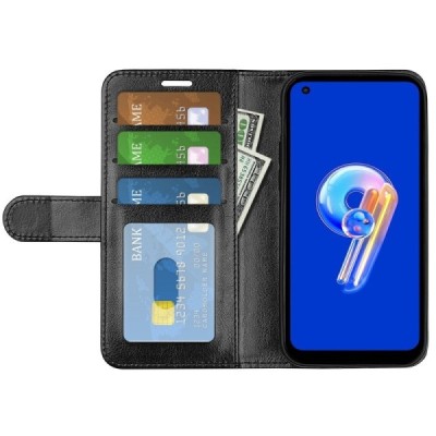 Asus Zenfone 9 (AI2202) atverčiamas juodas odinis dėklas - piniginė | Priedai.lt