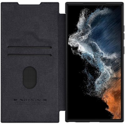 Samsung Galaxy S23 Ultra (SM-S918) prabangus Nillkin Qin Pro serijos juodas odinis atverčiamas dėklas - knygutė | Priedai.lt