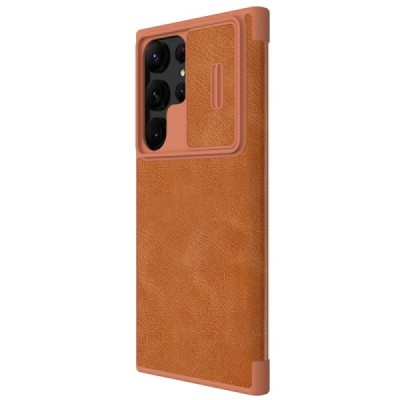 Samsung Galaxy S23 Ultra (SM-S918) prabangus Nillkin Qin Pro serijos rudas odinis atverčiamas dėklas - knygutė | Priedai.lt