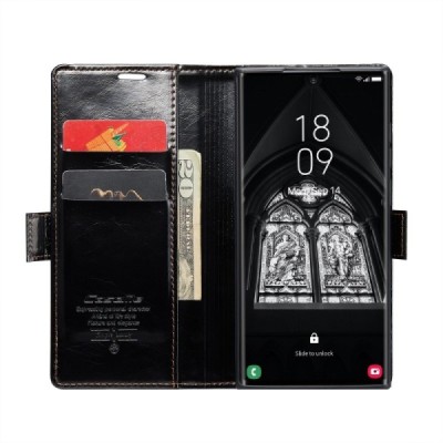 Samsung Galaxy S23 Ultra (SM-S918) „CaseMe“ Leather solidus atverčiamas juodas odinis dėklas - knygutė | Priedai.lt