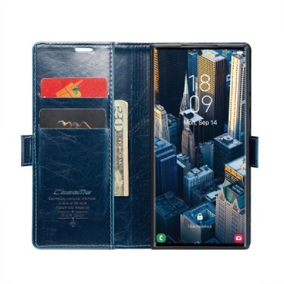 Samsung Galaxy S23 Ultra (SM-S918) „CaseMe“ Leather solidus atverčiamas mėlynas odinis dėklas - knygutė | Priedai.lt
