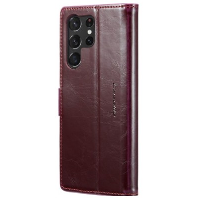 Samsung Galaxy S23 Ultra (SM-S918) „CaseMe“ Leather solidus atverčiamas bordo odinis dėklas - knygutė | Priedai.lt