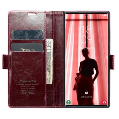 Samsung Galaxy S23 Ultra (SM-S918) „CaseMe“ Leather solidus atverčiamas bordo odinis dėklas - knygutė | Priedai.lt