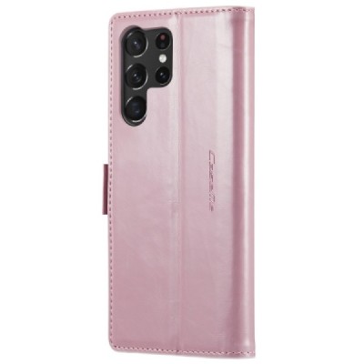 Samsung Galaxy S23 Ultra (SM-S918) „CaseMe“ Leather solidus atverčiamas rožinis odinis dėklas - knygutė | Priedai.lt