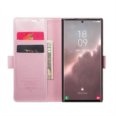 Samsung Galaxy S23 Ultra (SM-S918) „CaseMe“ Leather solidus atverčiamas rožinis odinis dėklas - knygutė | Priedai.lt
