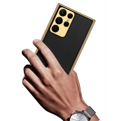 Samsung Galaxy S23 Ultra (SM-S918) GKK Luxury juodas dėklas - nugarėlė apvadai auksinės spalvos | Priedai.lt