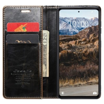 Xiaomi Redmi Note 12 Pro (Poco X5 Pro) „CaseMe“ Leather solidus atverčiamas rudas odinis dėklas - knygutė | Priedai.lt