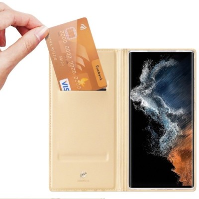 „Dux Ducis“ Skin serijos Samsung Galaxy S23 Ultra (SM-S918) auksinis odinis atverčiamas dėklas | Priedai.lt