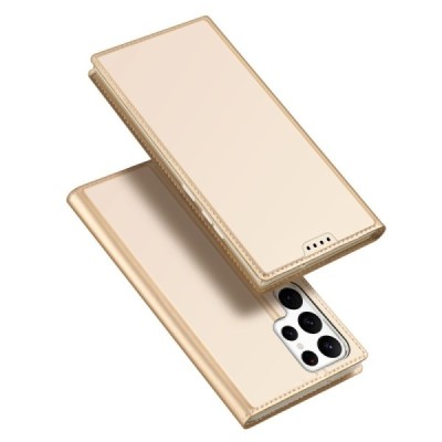 „Dux Ducis“ Skin serijos Samsung Galaxy S23 Ultra (SM-S918) auksinis odinis atverčiamas dėklas | Priedai.lt