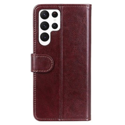 Samsung Galaxy S23 Ultra (SM-S918) atverčiamas rudas odinis dėklas - piniginė | Priedai.lt