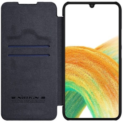 Prabangus „Nillkin“ Qin serijos juodas odinis atverčiamas Samsung Galaxy A34 5G (SM-A346E) dėklas | Priedai.lt