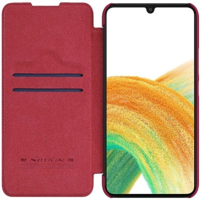 Prabangus „Nillkin“ Qin serijos raudonas odinis atverčiamas Samsung Galaxy A34 5G (SM-A346E) dėklas | Priedai.lt
