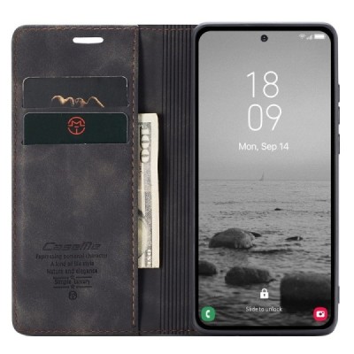Samsung Galaxy A54 (SM-A546B) CaseMe Retro solidus atverčiamas juodas odinis dėklas - knygutė | Priedai.lt