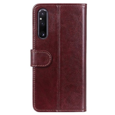 Sony Xperia 1 V atverčiamas rudas odinis dėklas - piniginė | Priedai.lt