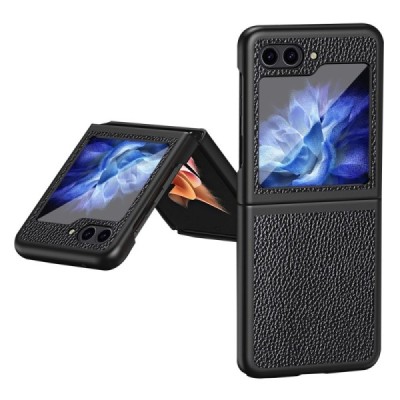 Samsung Galaxy Flip5 5G (SM-F731B) Deluxe Leather juodas odinis dėklas - nugarėlė | Priedai.lt