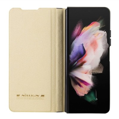 Samsung Galaxy Fold5 5G (SM-F946B) prabangus Nillkin Qin Pro serijos auksinis odinis atverčiamas dėklas - knygutė | Priedai.lt