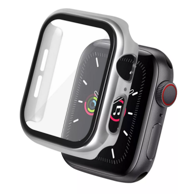 Apple Watch SE (2022) 44mm „Fashion“ Tempered Glass sustiprintos apsaugos sidabrinis apsauginis ekrano stiklas su rėmeliu | Prie