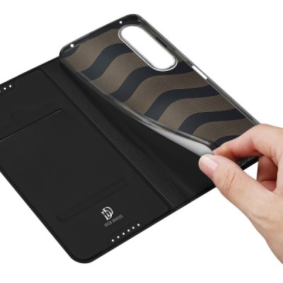 „Dux Ducis“ Skin serijos Sony Xperia 1 V juodas odinis atverčiamas dėklas | Priedai.lt
