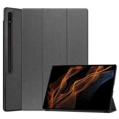 Samsung Galaxy Tab S10 Ultra, S9 Ultra, S8 Ultra atverčiamas pilkas odinis dėklas - knygutė (sulankstomas) | Priedai.lt