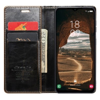 Samsung Galaxy A54 (SM-A546B) „CaseMe“ Leather solidus atverčiamas rudas odinis dėklas - knygutė | Priedai.lt