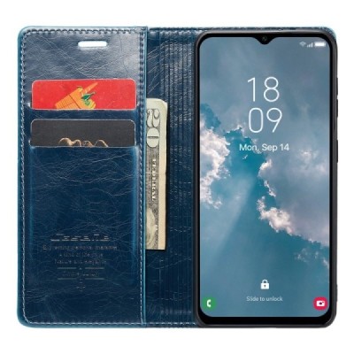 Samsung Galaxy A54 (SM-A546B) „CaseMe“ Leather solidus atverčiamas mėlynas odinis dėklas - knygutė | Priedai.lt