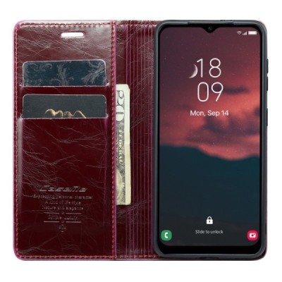Samsung Galaxy A54 (SM-A546B) „CaseMe“ Leather solidus atverčiamas bordo odinis dėklas - knygutė | Priedai.lt