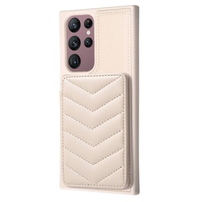 „Wave“ Card Holder Kickstand Samsung Galaxy S21 FE (Fan Edition) 5G smėlio spalvos odinis dėklas | Priedai.lt