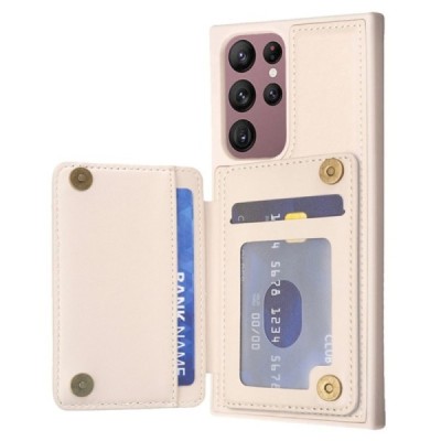„Wave“ Card Holder Kickstand Samsung Galaxy S21 FE (Fan Edition) 5G smėlio spalvos odinis dėklas | Priedai.lt