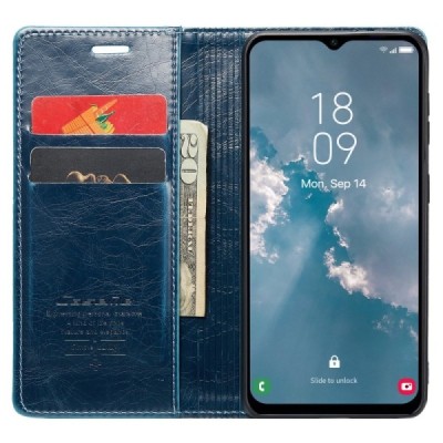 Samsung Galaxy A14 5G (SM-A146B) „CaseMe“ Leather solidus atverčiamas mėlynas odinis dėklas - knygutė | Priedai.lt