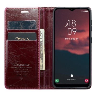 Samsung Galaxy A14 5G (SM-A146B) „CaseMe“ Leather solidus atverčiamas bordo odinis dėklas - knygutė | Priedai.lt